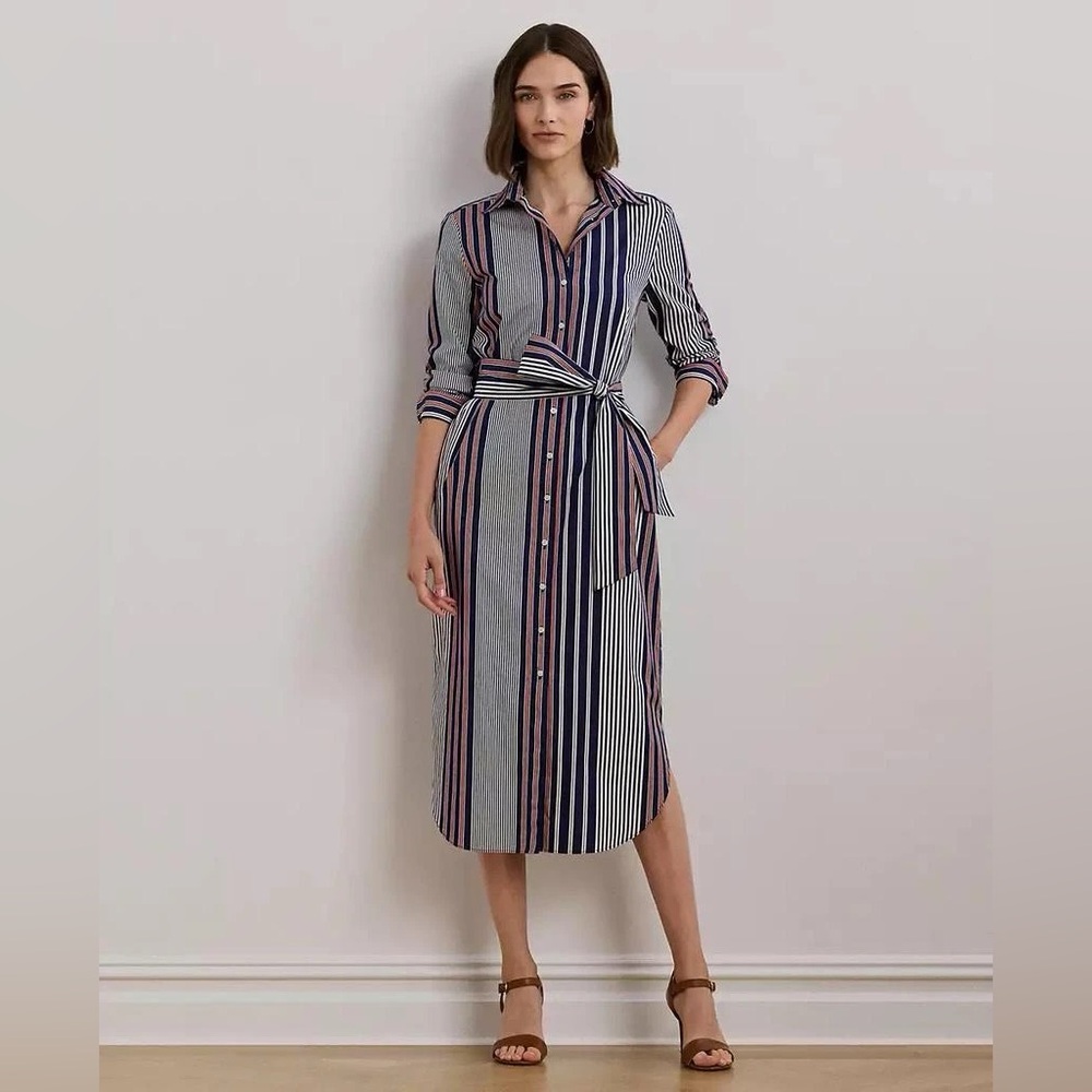 Lauren Ralph Lauren Navy White and Red Striped Long Sleeve Shirtdress
